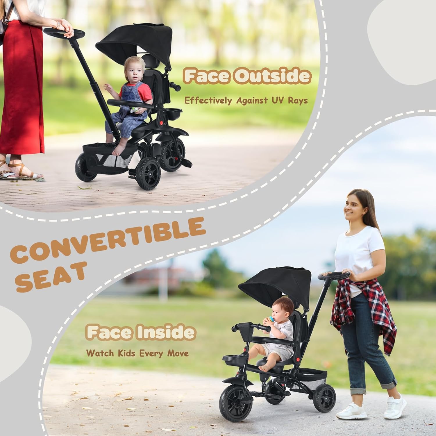TODEFULL Folding Kids' Tricycle, 8 IN1 Baby Trike W/Removable Canpoy&Parental Push Rod, Toddler Bike Stroller for Kids 1-5 Years, 360° Swivel Seat, EVA Wheels,Storage Basket, Black - Image 5