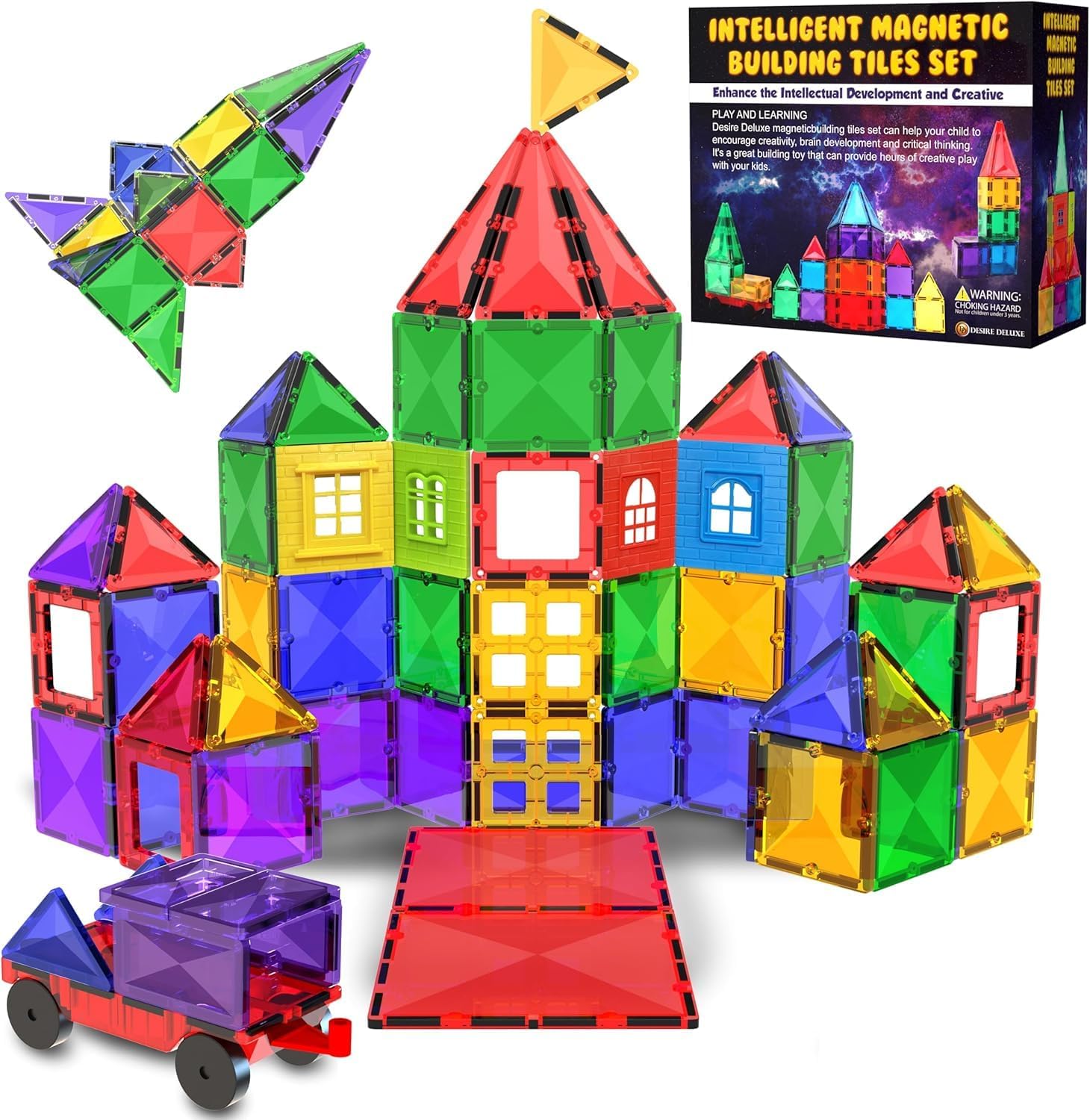Magnetic Tiles Building Blocks Toy - STEM Educational Magnet Set for Kids, Creativity Preschool Learning Sensory Montessori Toddler Toys for Boys & Girls 3+ Years Old - 57PC