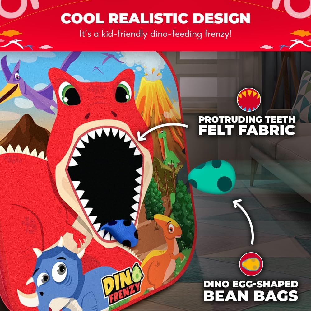 Swooc Games® - Dino Frenzy™ | 2-in-1 Corn Hole Games for Kids | 5-Second Setup | Dinosaur Bean Bag Toss Game for Kids | Kid Cornhole Game Set | Toddler Party Activity | Outside Bean Bags Kid Tossing - Image 3