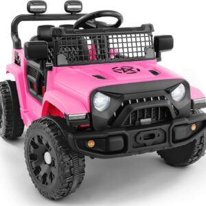 ELEMARA Kids Ride on Car, 12V Ride on Toys w/Remote, Electric Cars for Kid w/Bluetooth, LED Lights, Battery Car for Toddlers, Battery Powered Off-Road Vehicle w/Shock Absorbers, Kids Driving Car-Pink
