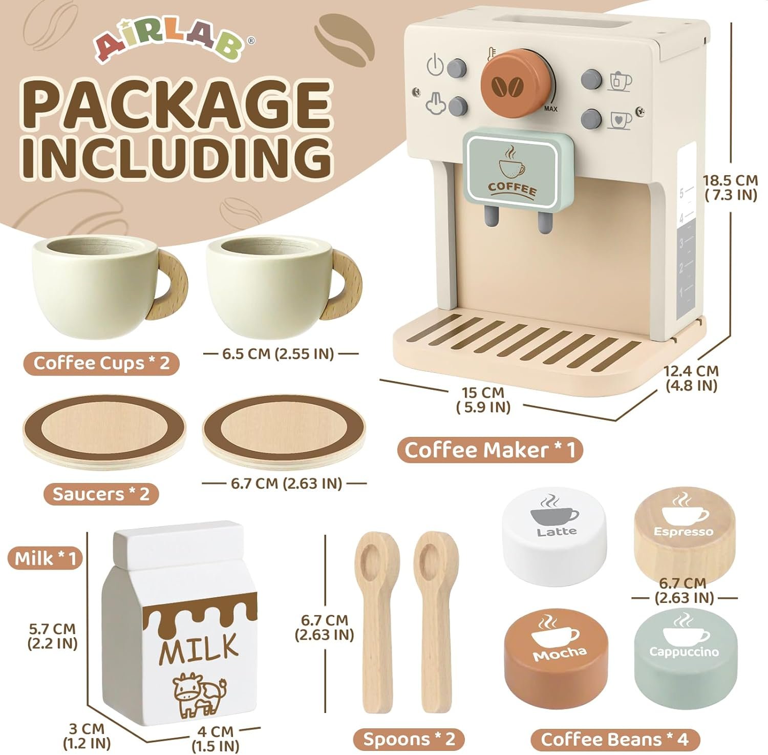 Airlab Toy Coffee Maker for Kids Wooden Kitchen Accessories Pretend Play Toddler Coffee Playset for Girls Boys Ages 3 4 5 Years Birthday Gifts - Image 2