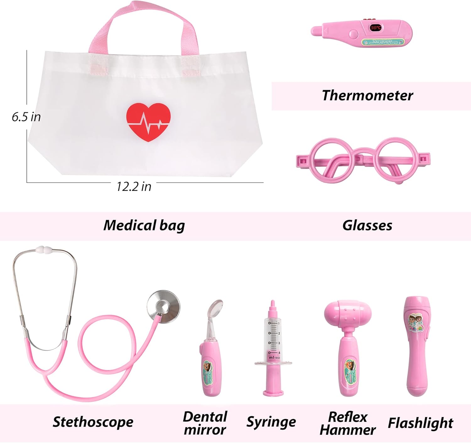 Phobby Kids Doctor Kit, 8 Pieces Toddlers Doctor Playset with Medical Storage Bag & Real Stethoscope, Pretend Play Doctor Toys Birthday Gift for Boys Girls Aged 3 4 5 6 (Pink) - Image 5