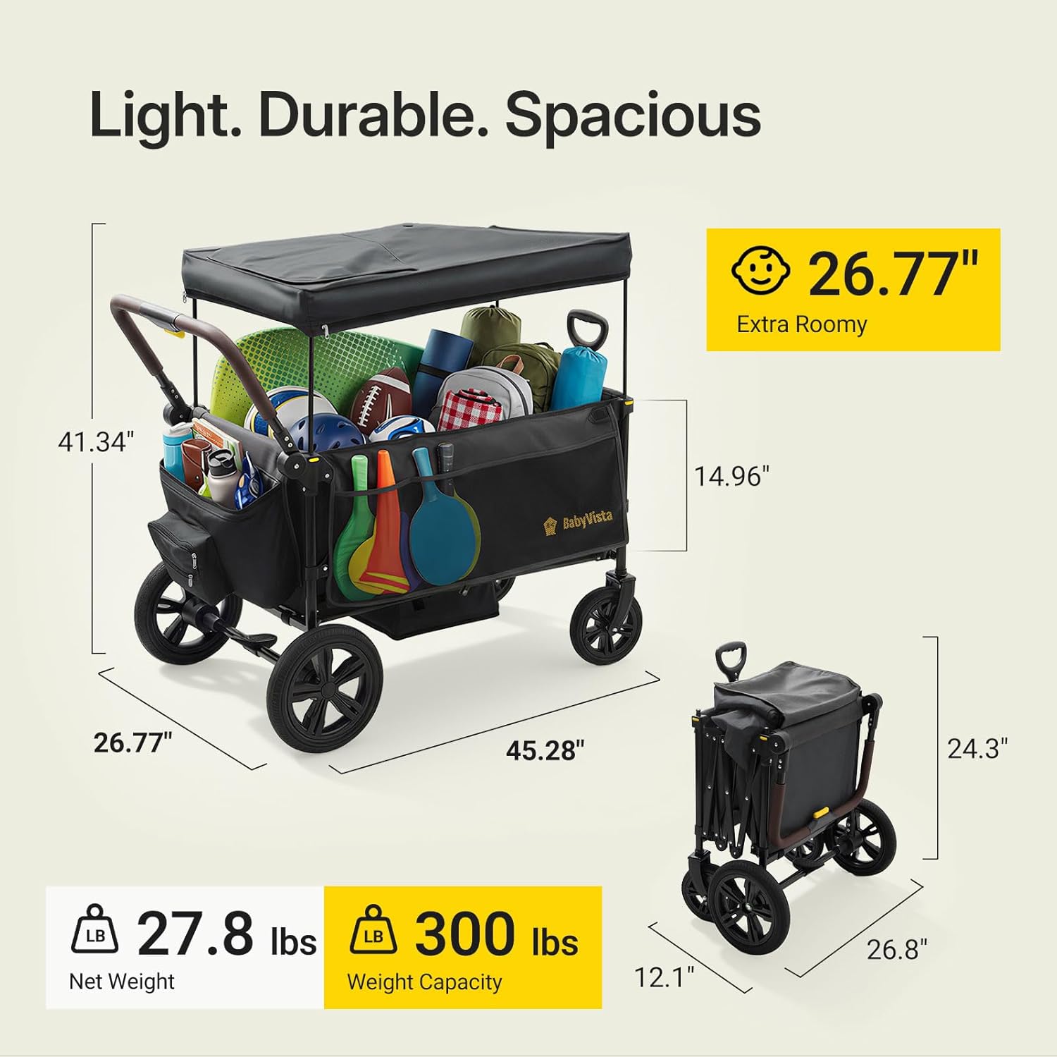 Stroller Wagon for Kids, One-Hand Adjustable Push/Pull Handle, Spacious Storage, 8"/12" All-Terrain Wheels, Canopy with Bug Net, Wagon Stroller for Daily Walks, Short Trips & Grocery Runs - Image 9
