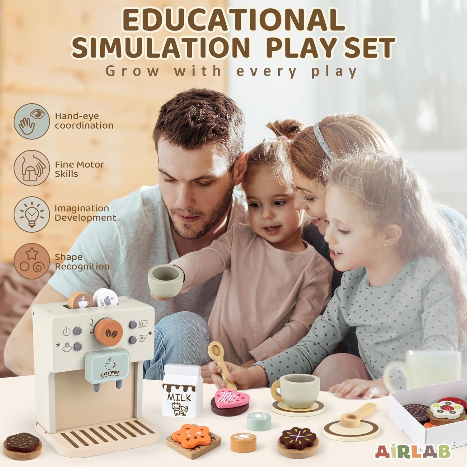 Airlab Toy Coffee Maker for Kids Wooden Kitchen Accessories Pretend Play Toddler Coffee Playset for Girls Boys Ages 3 4 5 Years Birthday Gifts - Image 6