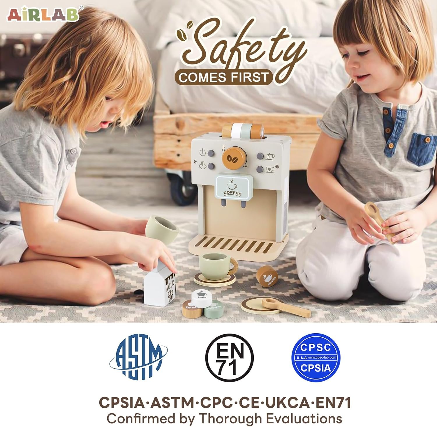Airlab Toy Coffee Maker for Kids Wooden Kitchen Accessories Pretend Play Toddler Coffee Playset for Girls Boys Ages 3 4 5 Years Birthday Gifts - Image 7