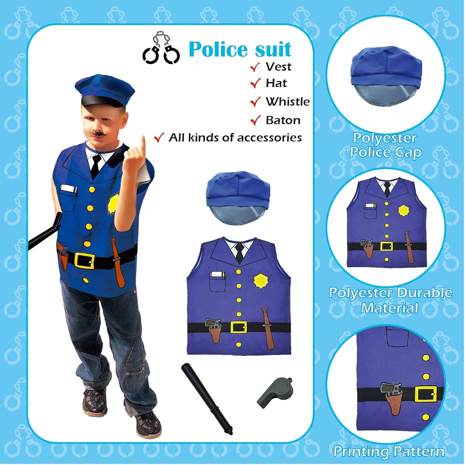 6 Sets Dress Up Trunk for Kids, Pretend Halloween Costumes includes Fireman/Doctor/Police/Pirate/Workerman/Chef Costume, Washable Dressup Clothes for role play - Image 5