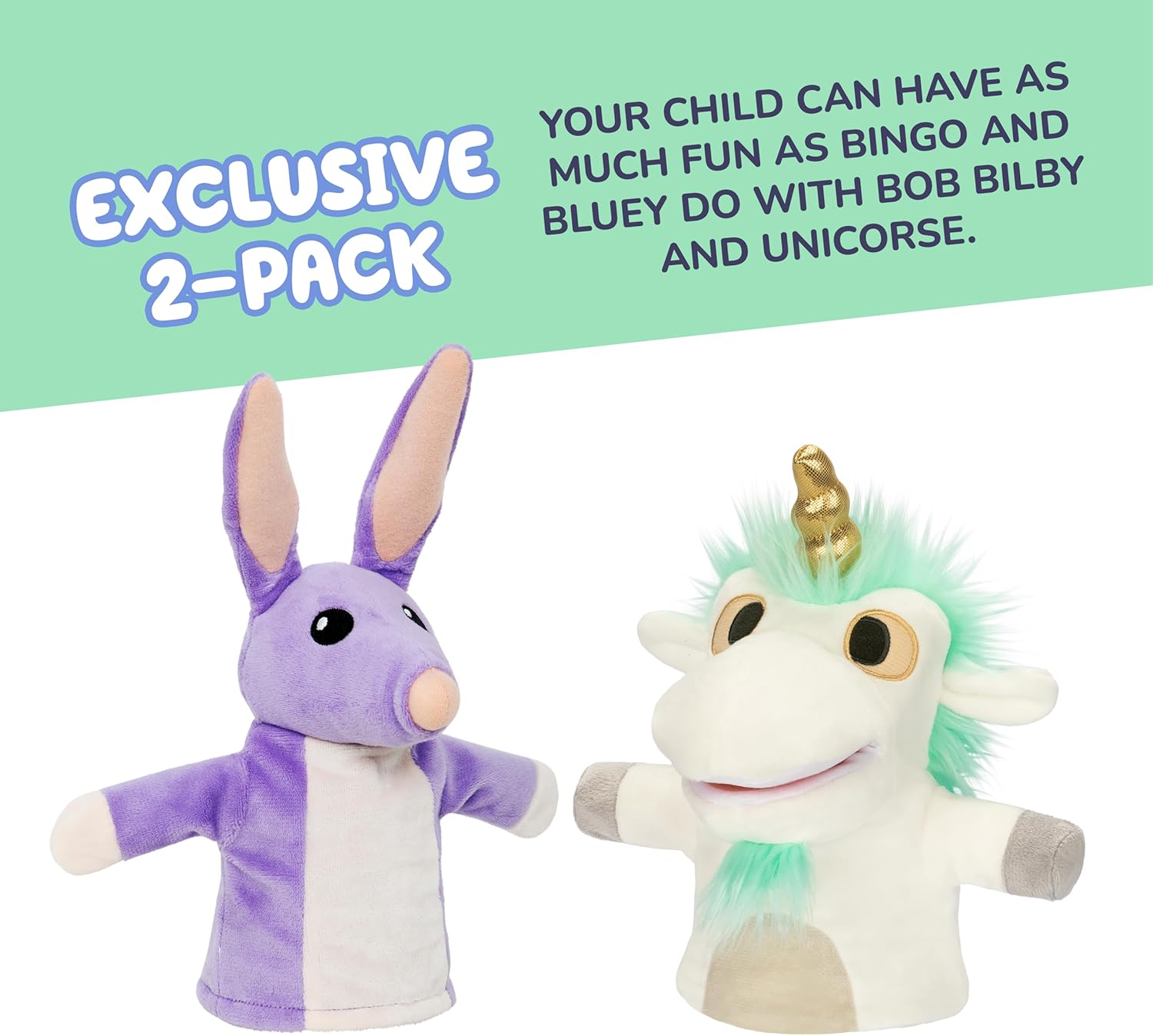 Bluey Unicorse & Bob Bilby Hand Puppet Plush 2-Pack – 8-9” Soft Deluxe Fabric, Embroidered Details, Perfect for Toddler Hands, Imaginative Play, Official Bluey Toys, Amazon Exclusive - Image 3
