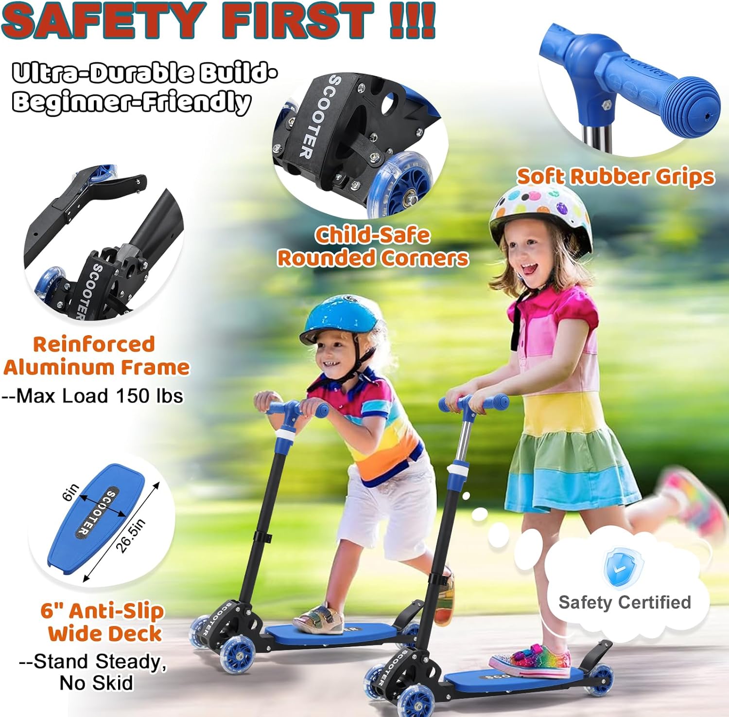 Kick Scooter for Kids Ages 6-12, LED Lighted Wheels and 3 Adjustable Height Handlebars, Kids Kick Scooter, Extra Wide Deck for Girls and Boys Blue - Image 2