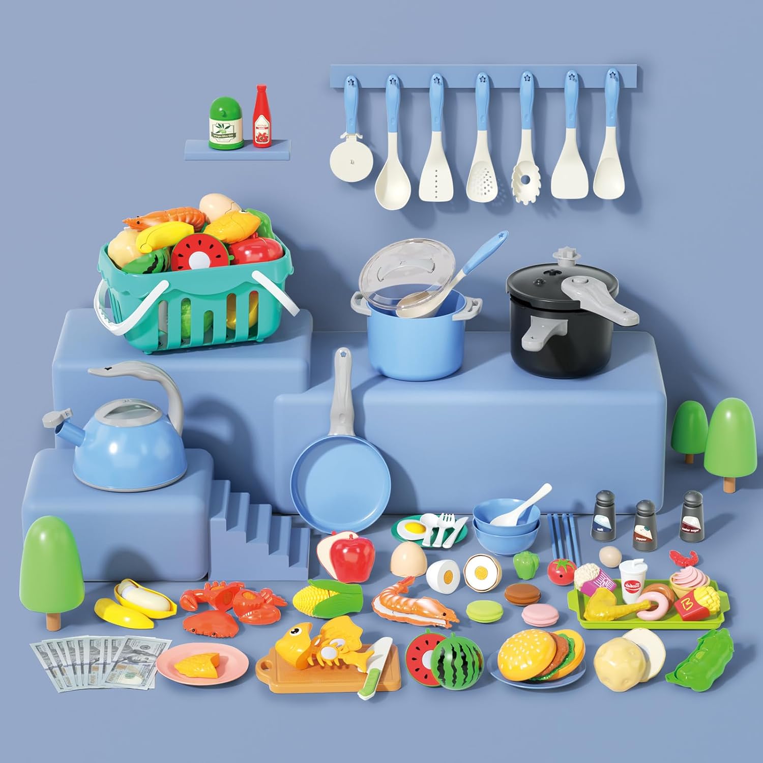 130Pcs Kitchen Playset, Toddler Pretend Cooking Play Pots, Pans, Utensils Cookware, Daily Food Fruit Veges, Shopping Storage Basket, Dessert, Prop Money, Learning Gift for Child (Blue) - Image 3
