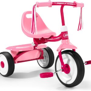 Radio Flyer 415PS Kids Readily Assembled Steel Framed Adjustable Beginner Fold 2 Go Trike with Spacious Storage Bin and Handle Streamers, Pink