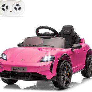 Winado 12V Kids Ride on Car, Licensed Porsche Taycan Electric Car for Toddlers, Battery Powered Ride on Vehicle W/Remote Control, with Bluetooth, 3 Speeds, LED & Rear Lights, Music & Horn (Pink)