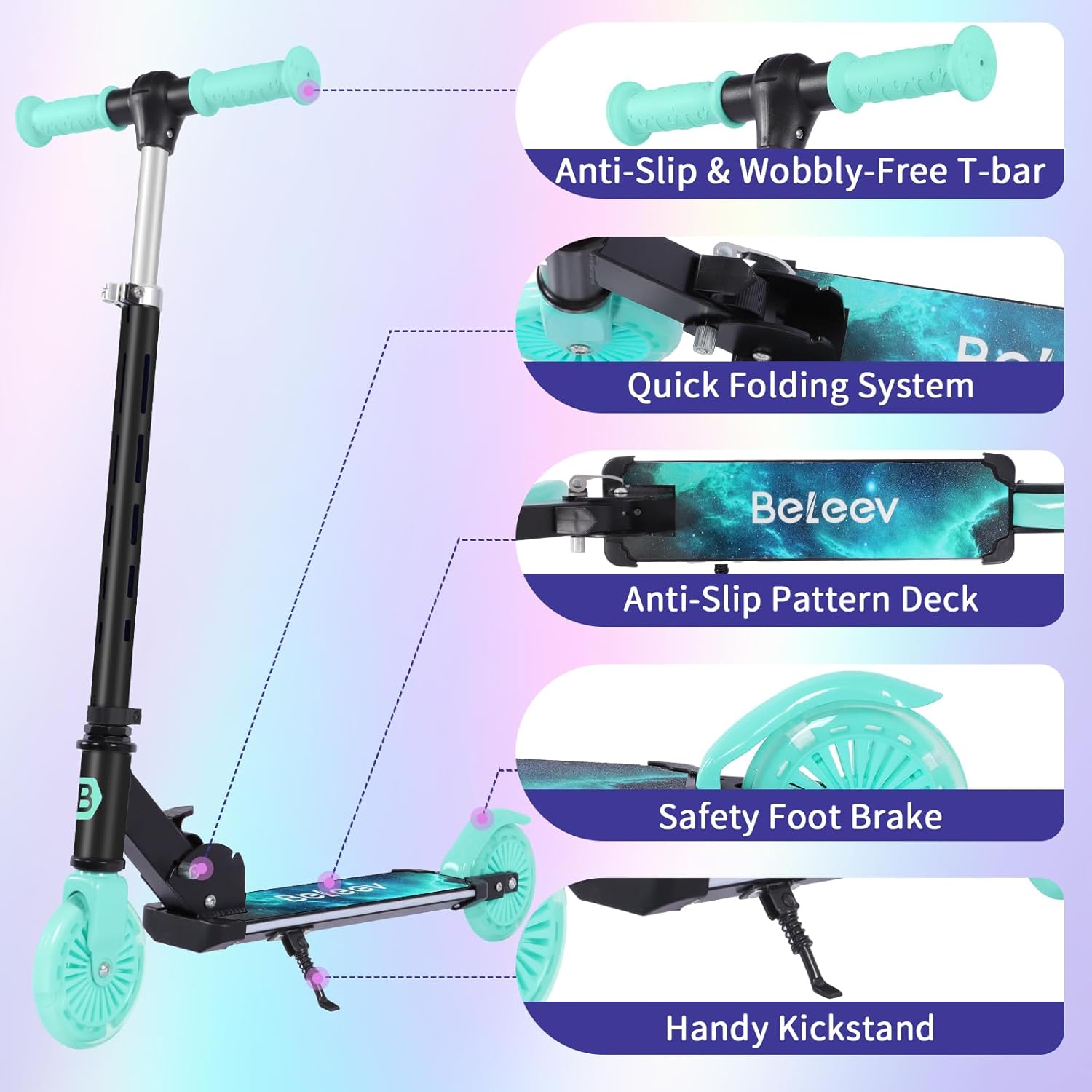 BELEEV V3 Scooter for Kids with Light-Up Wheels & Stem & Deck, 2 Wheel Folding Scooter for Girls Boys, 4 Adjustable Height, Lightweight Kick Scooter with Handy Kickstand for Children Ages 3-12 - Image 5