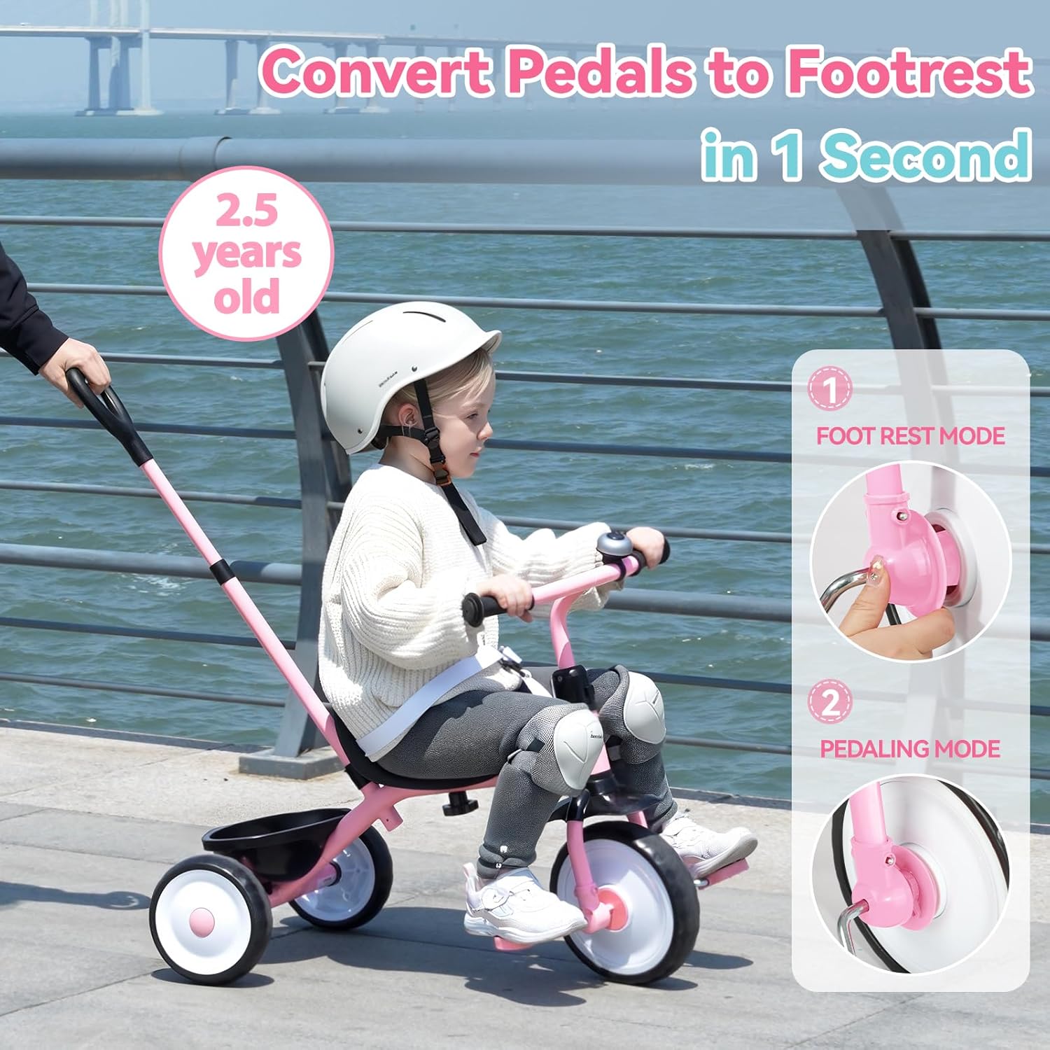 Liberry 2 in 1 Toddler Tricycle Age 2 3 4 Years Old, Kids Trike with Adjustable Push Handle, Bell & Basket, 3 Wheel Bike Riding Toy Birthday Gift for Girls Boys, Light Pink - Image 3