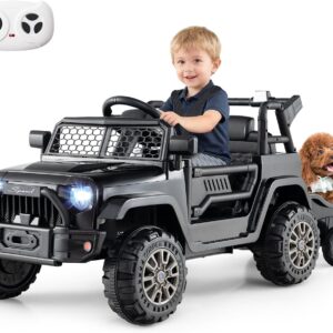 Costzon Ride on Car with Detachable Trailer, 12V Battery Powered Ride on Truck with Parent Remote Control, Light & Music, Electric Vehicle Kids Car Toy for Boys & Girls (Black)
