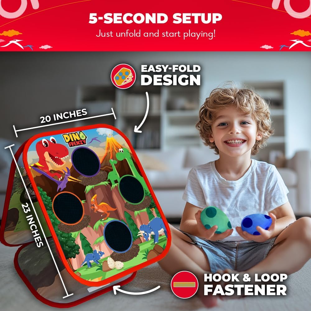 Swooc Games® - Dino Frenzy™ | 2-in-1 Corn Hole Games for Kids | 5-Second Setup | Dinosaur Bean Bag Toss Game for Kids | Kid Cornhole Game Set | Toddler Party Activity | Outside Bean Bags Kid Tossing - Image 4