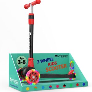 Outdoor Cruiser 3-Wheel Kids Scooter – with Lean-to-Steer Technology, Led Lighted Wheel, 4-Level Adjustable Height T-bar Handle, Support Kids Up to 150 Lbs, for Boys & Girls Ages 3-8, Black and Red