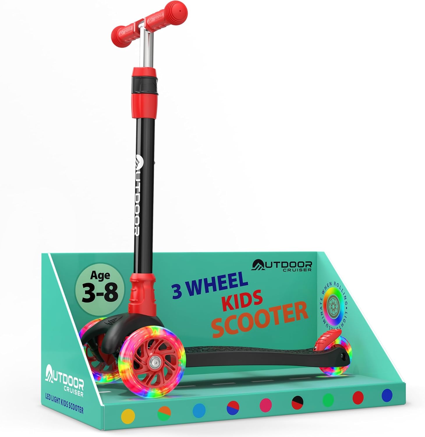 Outdoor Cruiser 3-Wheel Kids Scooter – with Lean-to-Steer Technology, Led Lighted Wheel, 4-Level Adjustable Height T-bar Handle, Support Kids Up to 150 Lbs, for Boys & Girls Ages 3-8, Black and Red