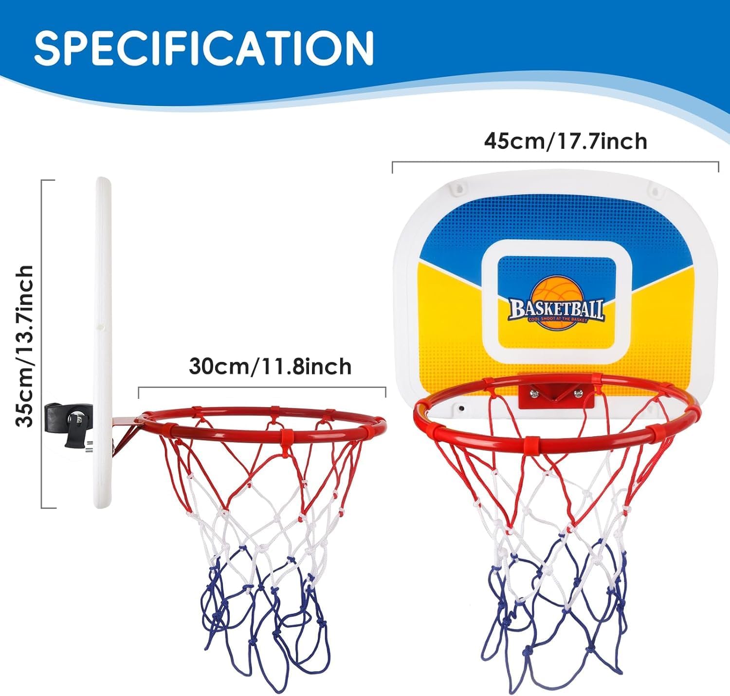 Trampoline Parts Trampoline Basketball Hoop, Teenager Basketball Hoop for Trampoline with Pump and 2 Mini Ball, Fit for Straight Pole (Blue Yellow 17inch) - Image 2