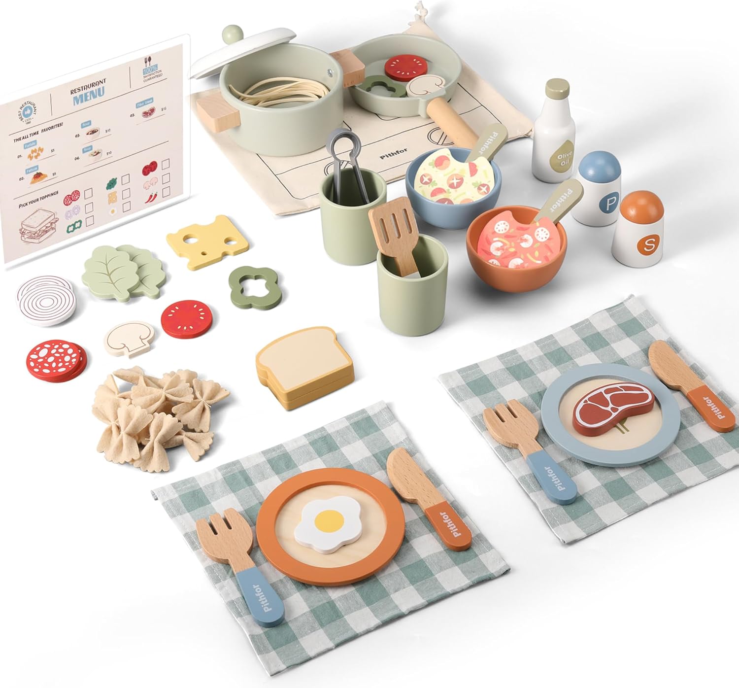 Pithfor Wooden Play Cooking Set, Pretend Play Kitchen Accessories Toys Set for Kids Toddlers, Including Play Dishes, Pot and Pan, Utensils, Gifts for 3 4 5 Years Old Girls Boys