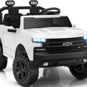 First Ride On 24V 2 Seater Ride on Car for Kids, Licensed Chevrolet Silverado Electric Car for Kids with Remote Control, Toddler Car with Bluetooth, LED Lights, Seat Belts and Spacious Design (White)