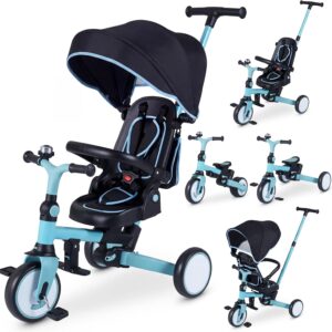 HONEY JOY Tricycle, 9-in-1 Toddler Bike w/Adjustable Push Handle & Canopy, Reversible Seat, Removable Pedal & Folding Rear Wheels, Safety Belt, Storage, Kids Trike for Boys Girls Aged 1-6 (Blue)