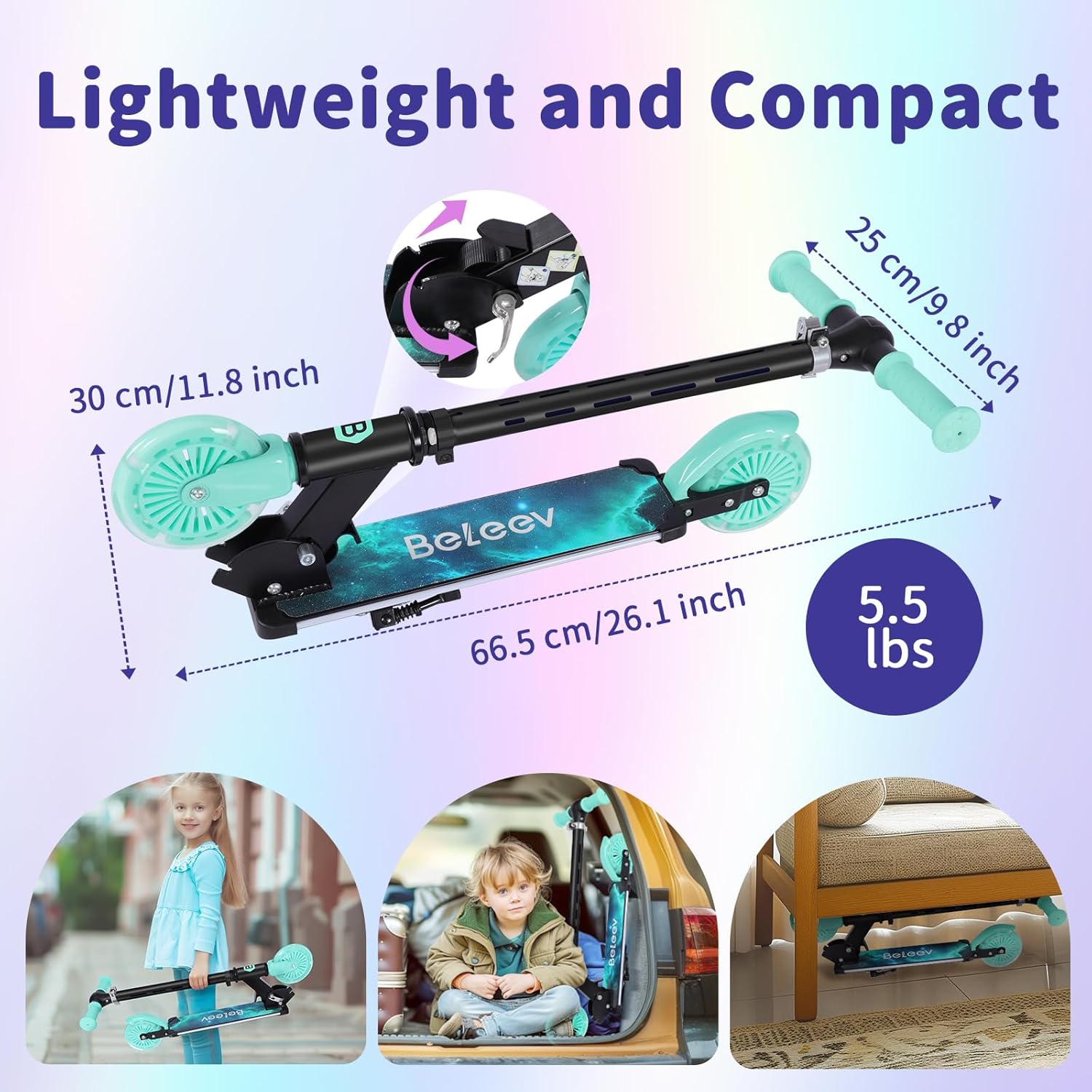 BELEEV V3 Scooter for Kids with Light-Up Wheels & Stem & Deck, 2 Wheel Folding Scooter for Girls Boys, 4 Adjustable Height, Lightweight Kick Scooter with Handy Kickstand for Children Ages 3-12 - Image 6