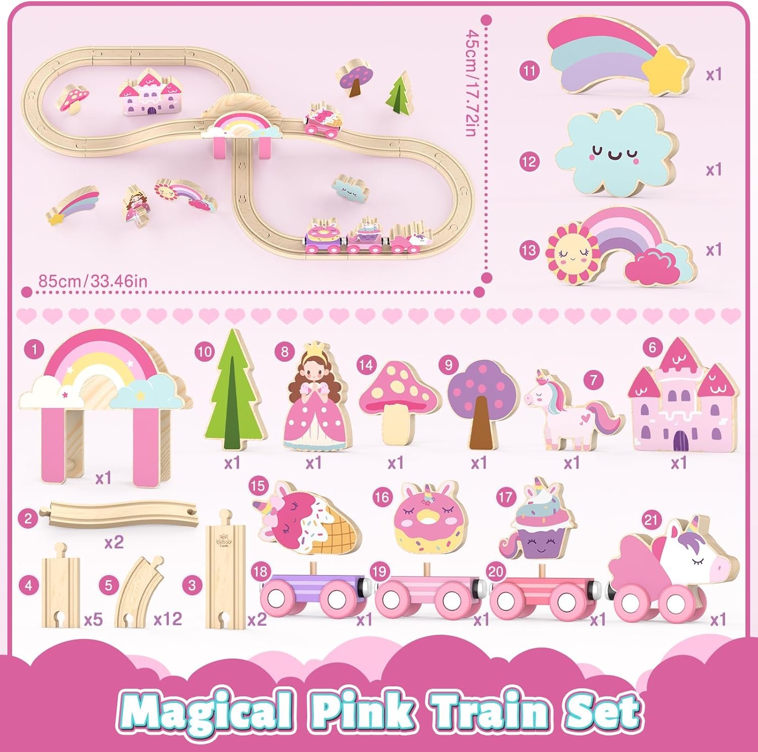 Lehoo Castle Wooden Train Set - Unicorn Train Set for Toddlers 2-4, Wooden Train Track Toddler Girl Toys, Pink Train Fantasy Toys for 3 4 5 6 7 Year Old Girl - Image 7