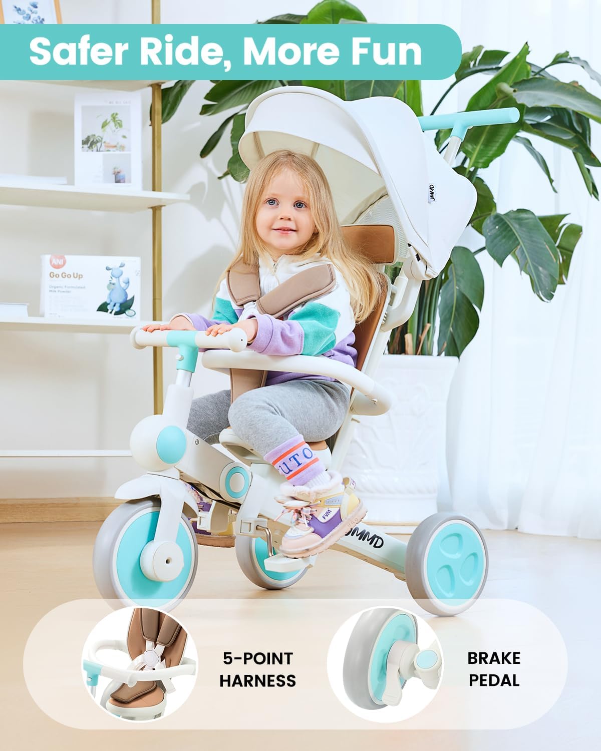 JMMD Baby Tricycle, 7-in-1 Multifunctional Kids Trike with Adjustable Parent Handle, Safety Harness & Wheel Brakes, Removable Canopy, Stroll Trike for Boys & Girls Ages 18 Months-5 Years, Mint - Image 5