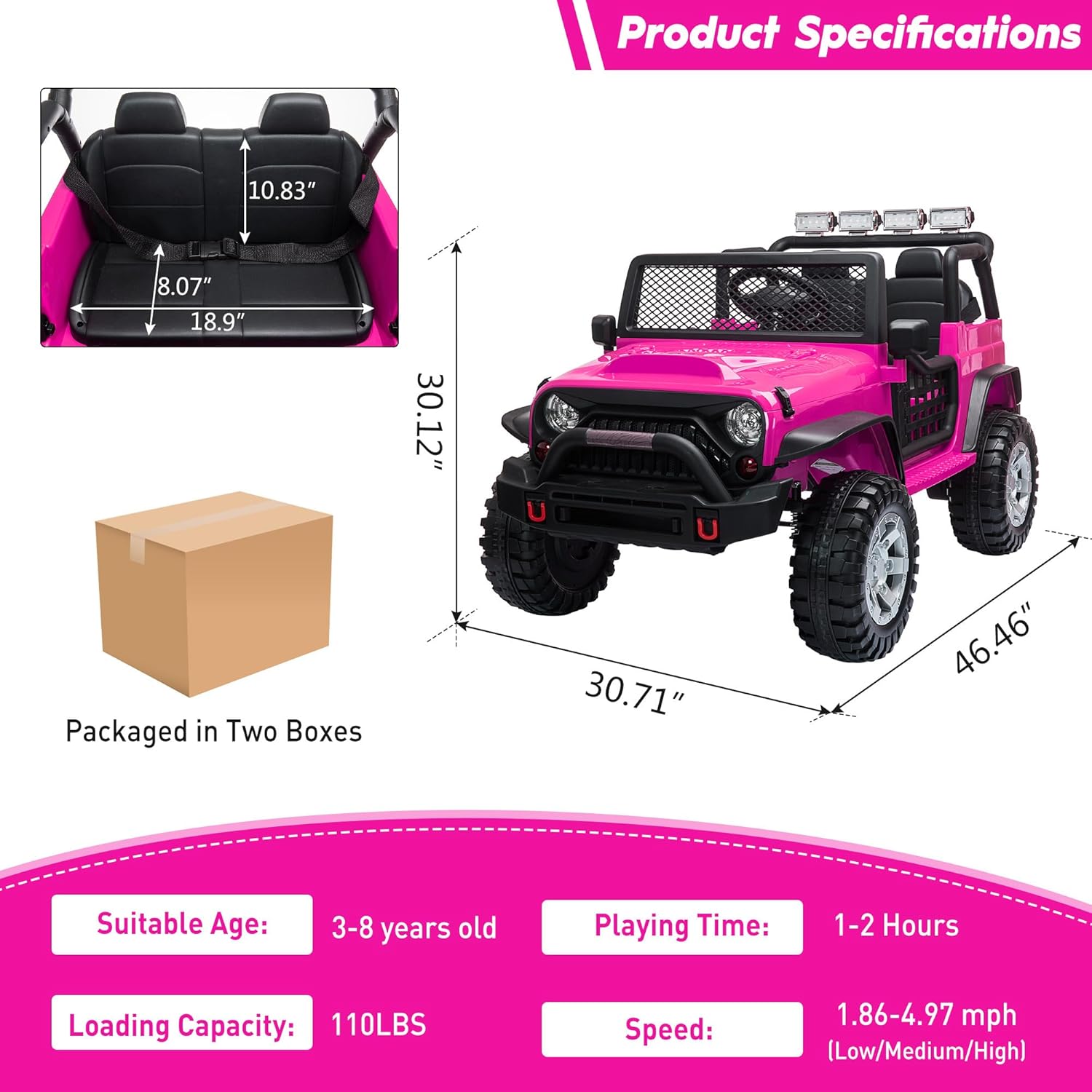 TOBBI 2 Seater Kids Electric Car Toy, Toddlers 12V Off-Road Ride On Truck with Parent Remote Control, 35W Battery-Powered 4 Wheels Vehicle to Drive with Horn & LED/MP3 for Chirdren 3-8 Years-Rose Red - Image 8