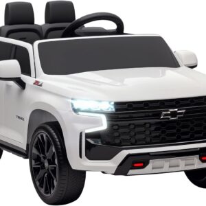 Aosom Licensed Chevrolet Tahoe Ride On Car, 12V 7AH Battery Power Ride On Toy with Parent Remote Control, LED Lights, Music, 4 Wheeler Suspension, 3 Speeds, Kids Electric Vehicle for Aged 3+, White