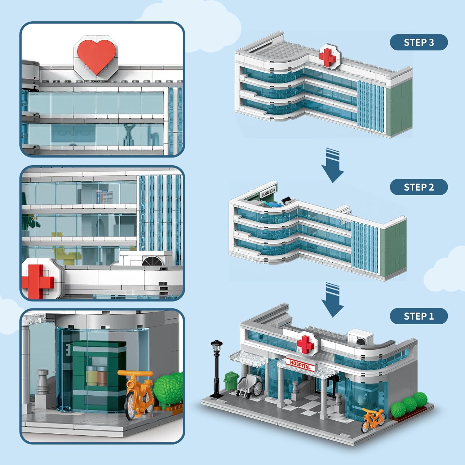 NEWABWN City Hospital Building Set Compatible with Lego, 1350 Pieces Modular 3-Story Medical Center with LED Lighting, Building Set for Adults and Kids Ages 10+, Gift for Boys and Girls - Image 2