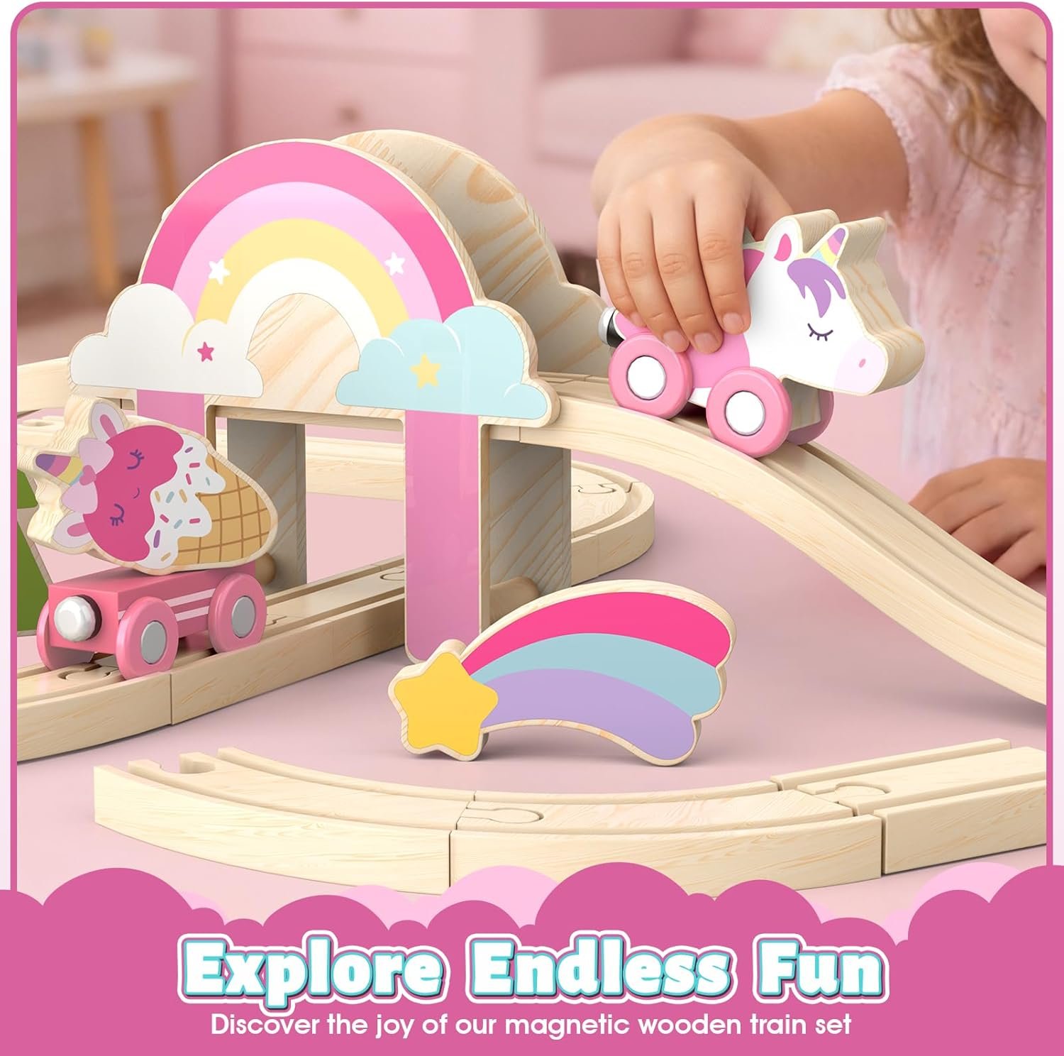 Lehoo Castle Wooden Train Set - Unicorn Train Set for Toddlers 2-4, Wooden Train Track Toddler Girl Toys, Pink Train Fantasy Toys for 3 4 5 6 7 Year Old Girl - Image 2