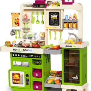 Pupu Pig Kids Kitchen Playset, Play Kitchen with Toy Stove, Grill, Sink, Play Food, ToyKitchen Accessories, Kitchen Interactive Play with Lights Sound Steam, Cooking Toys for Toddler Kid Gifts