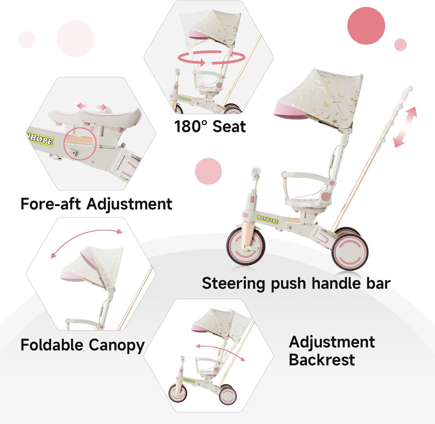 WinHope 9-in-1 Push Tricycle for Toddlers 1-3 Years, Convertible Kids Trike with Push Handle & Safety Belt, One-Client Foldable Design + Storage Basket, Birthday Gift and Toy for Boys and Girls(Pink) - Image 6