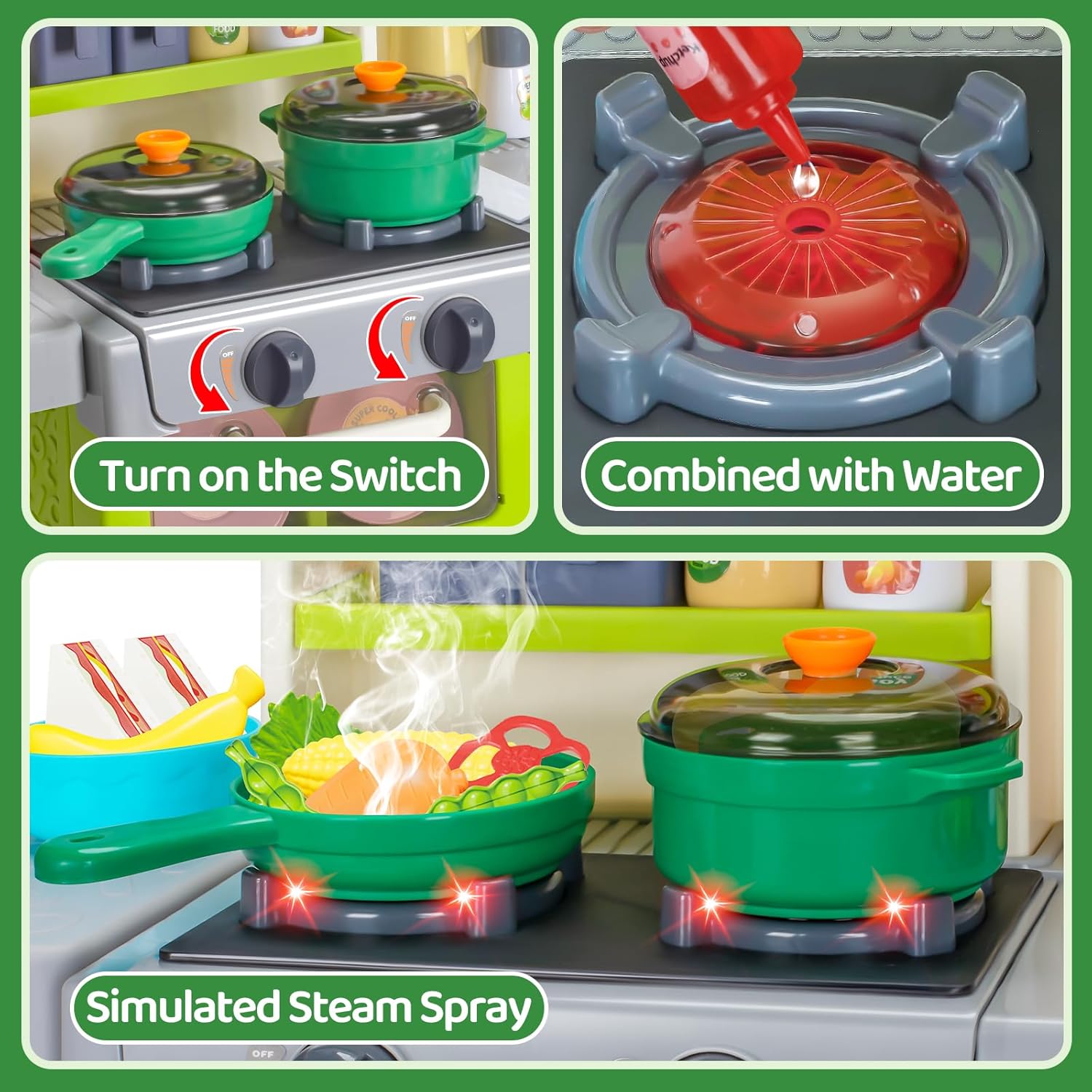 Kids Play Kitchen Set, Toddler Kitchen Playset with Sound & Light, Cooking Stove with Steam, Play Sink, Play Food Toy and Kitchen Accessories, Kitchen Toy for Kids Girls Boys (31.5 * 22 * 8.6in) - Image 4