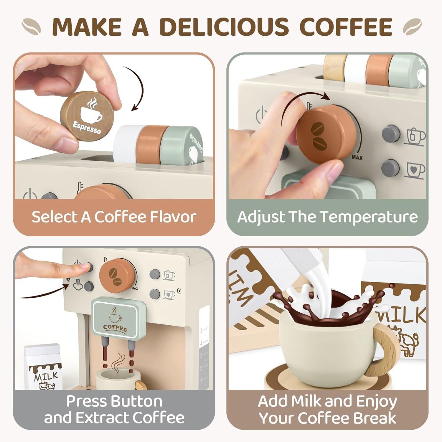 Airlab Toy Coffee Maker for Kids Wooden Kitchen Accessories Pretend Play Toddler Coffee Playset for Girls Boys Ages 3 4 5 Years Birthday Gifts - Image 5