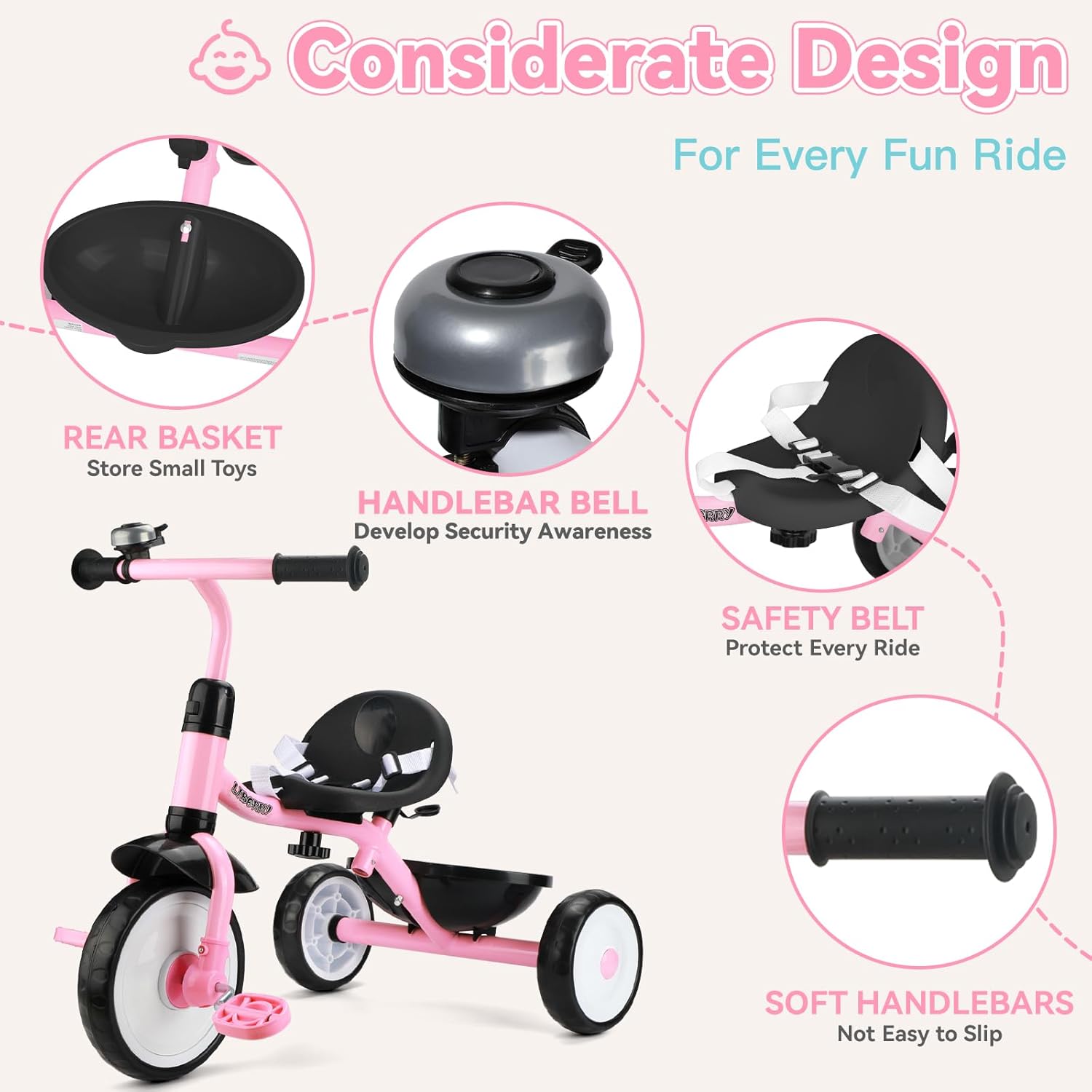 Liberry 2 in 1 Toddler Tricycle Age 2 3 4 Years Old, Kids Trike with Adjustable Push Handle, Bell & Basket, 3 Wheel Bike Riding Toy Birthday Gift for Girls Boys, Light Pink - Image 5