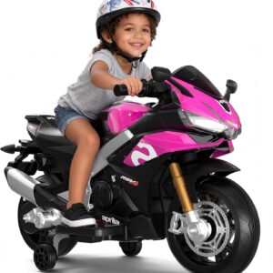Kids Motorcycle, 12V Licensed Aprilia RSV4 Electric Motorcycle for Kids, Training Wheels, LED Headlight, Music, Battery Powered Ride on Motorcycle for Toddler Boys Girls Pink