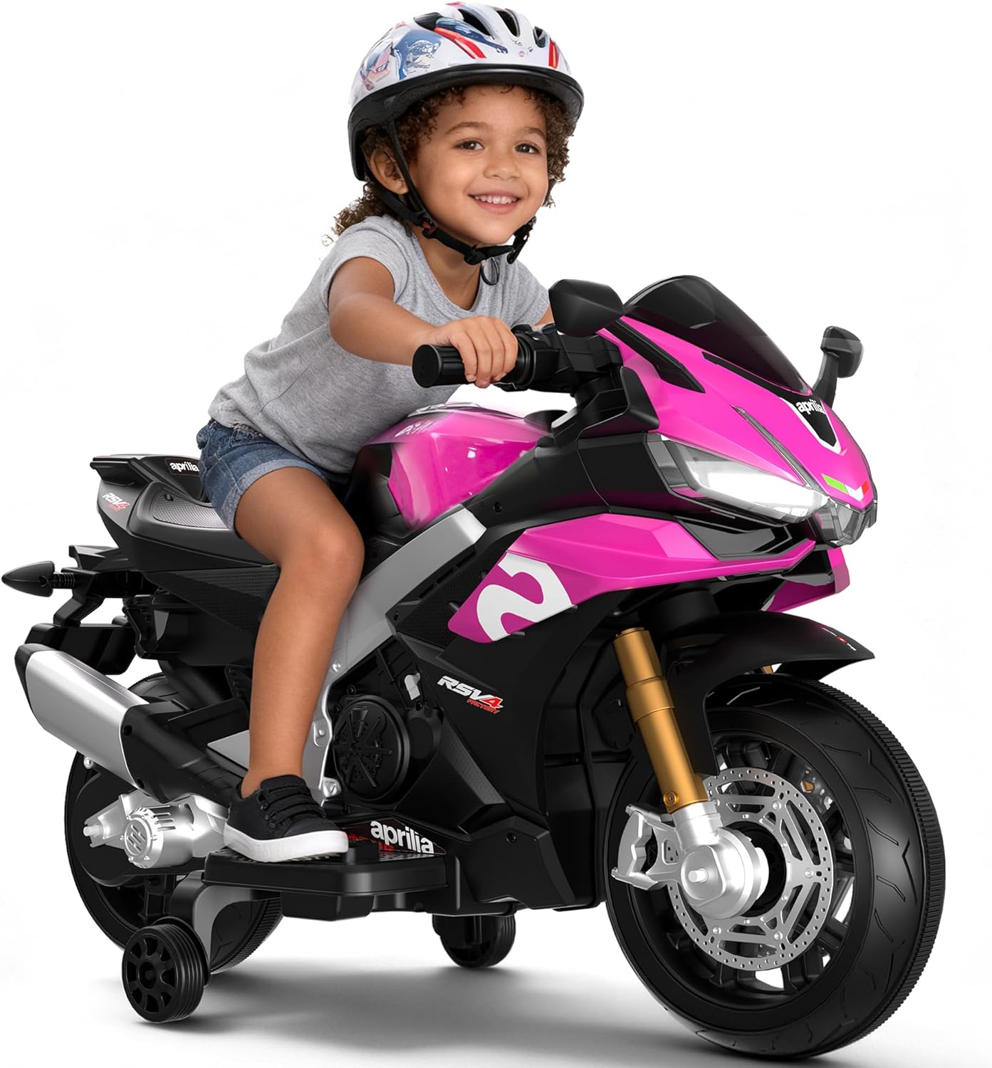 Kids Motorcycle, 12V Licensed Aprilia RSV4 Electric Motorcycle for Kids, Training Wheels, LED Headlight, Music, Battery Powered Ride on Motorcycle for Toddler Boys Girls Pink