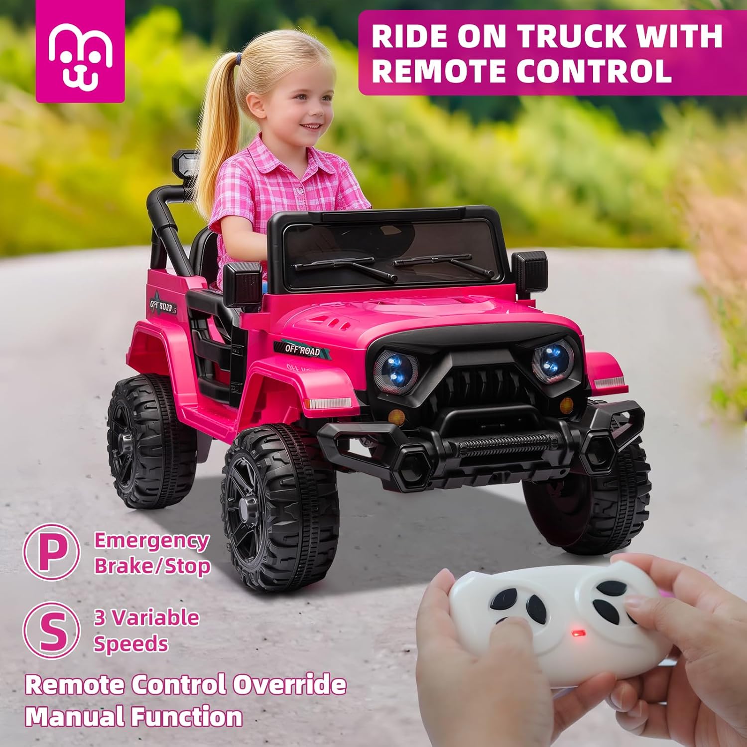 MINIATURE MOTORS 12V Kids Electric Ride on Truck Car Remote Control, Twin 35W Motors 3.5MPH Max Speed, Bluetooth Music Player, 4 Wheels Suspension LED Lights Safety Belt, Gift for Boys Girls-Hot Pink - Image 2