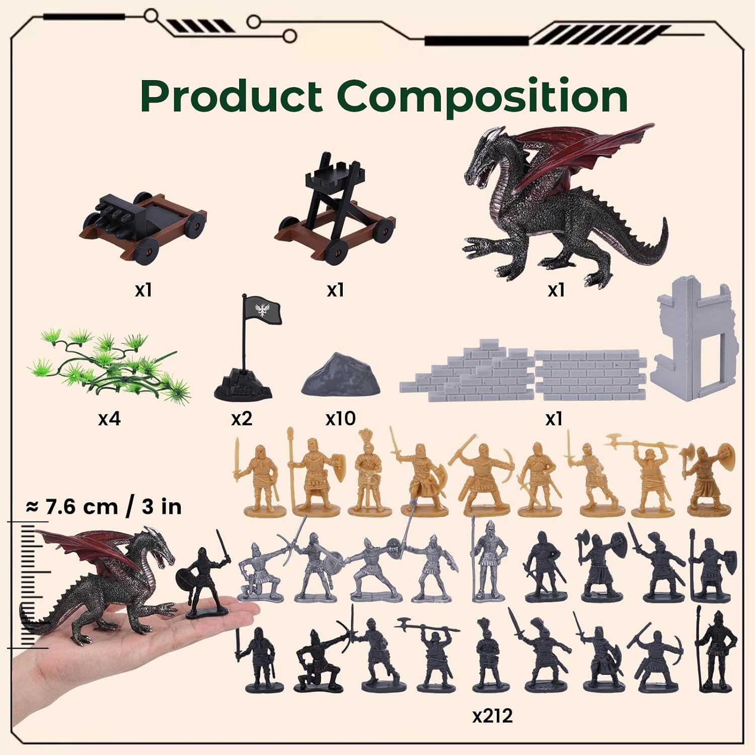 3 otters 230PCS Medieval Soldier & Dragon Knights Playset, Army Men Action Figures Epic Fantasy Battle Toy, for Kids, Teens, Stocking Stuffer for Boys - Image 7