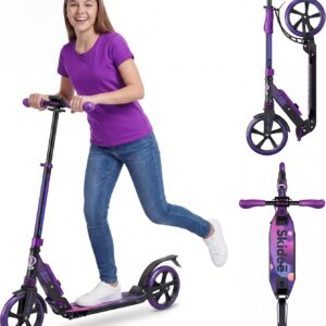 Skidee Adult & Teen Scooter Adjustable Height, Folding, Large Wheels, Lightweight, Durable, Anti-Shock Suspension, Up to 220 lbs