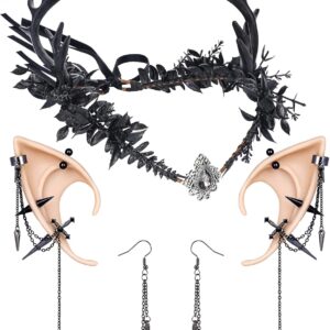 MOSTORY Gothic Renfaire Costume Women – Black Antler Crown and Elf Ears with Punk Dangle Piercings Set for Women Witch Fairy Crown and Elf Ears Set for Renaissance Accessory Halloween