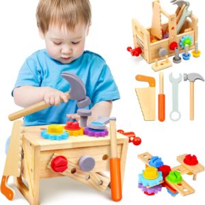 Mgtfbg Kids Tool Set – 29 PCS Wooden Toddler Tool with Box, Montessori STEM Educational Pretend Play Construction Toy for 2 3 4 5 6 Year Old Boys Girls, Best Birthday Gift