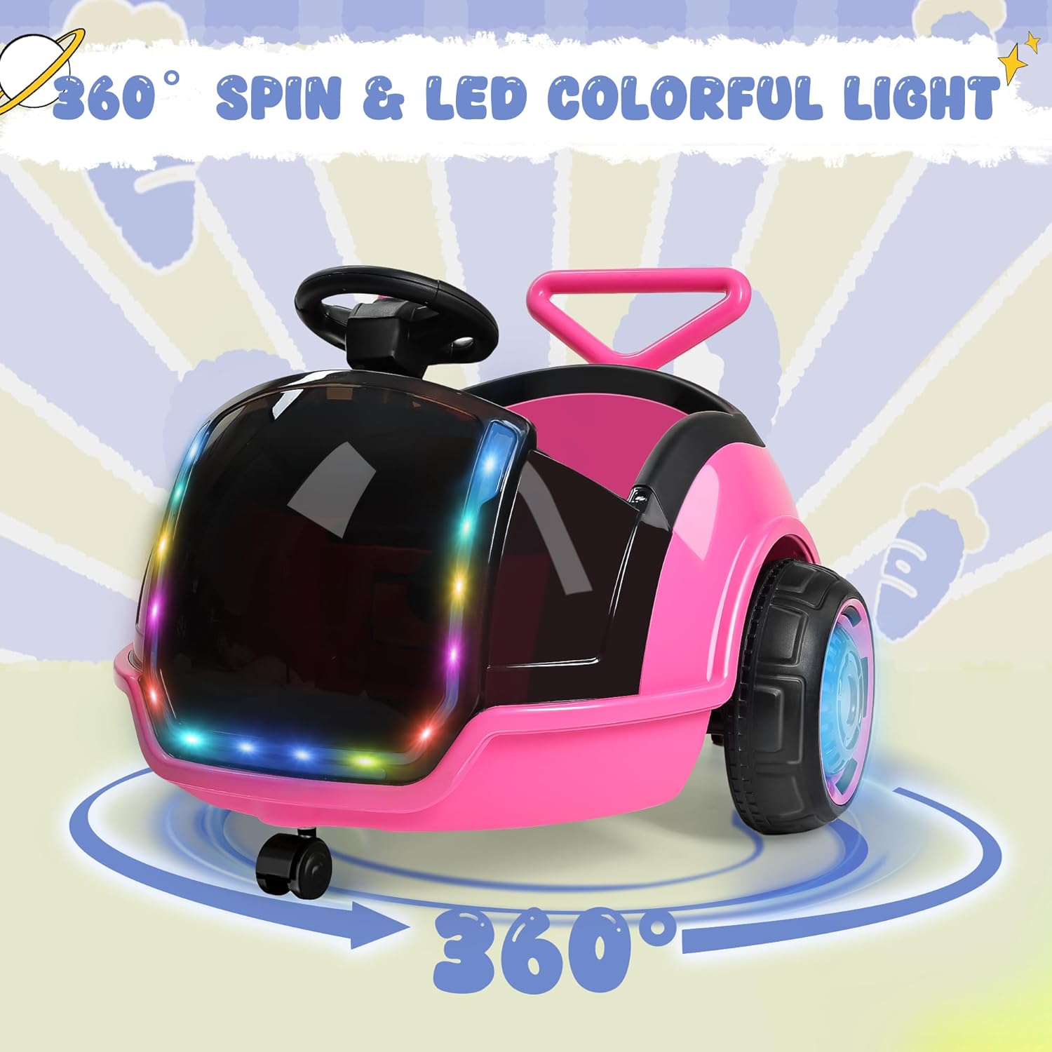ANPABO 3-in-1 Electric Push Ride On Car, 12V Kids Ride On Toy w/Remote Control, 360° Spin, 5-Point Safety Belt, Colorful LED Light, Music Player, Push Car for Toddler Ages 1-3 (Pink) - Image 4