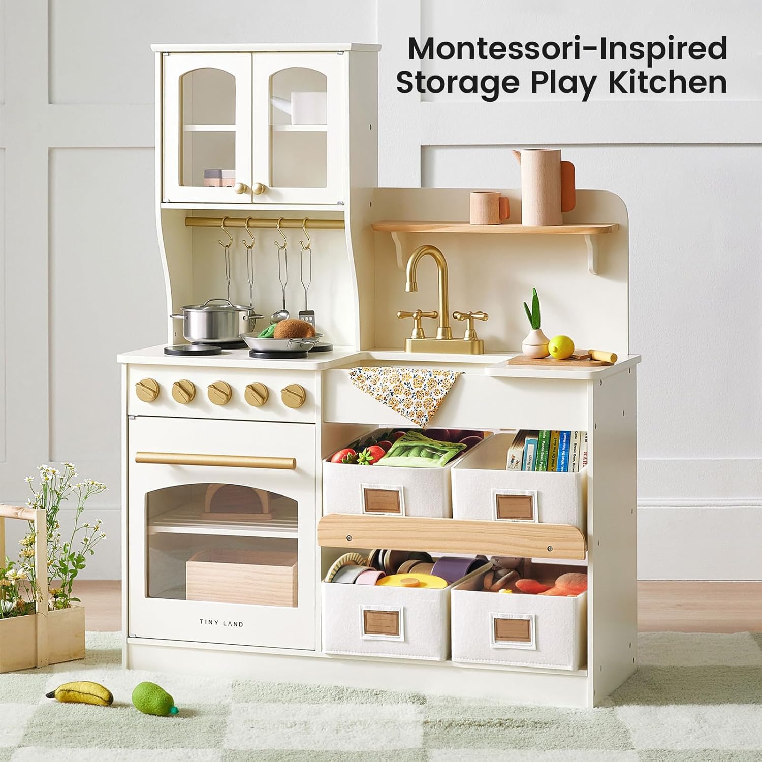 Tiny Land Wooden Play Kitchen for Kids – Enhanced Storage with Cabinets & Bins, Modern Toddler Kitchen Playset with Stove, Sink & Accessories - Image 2