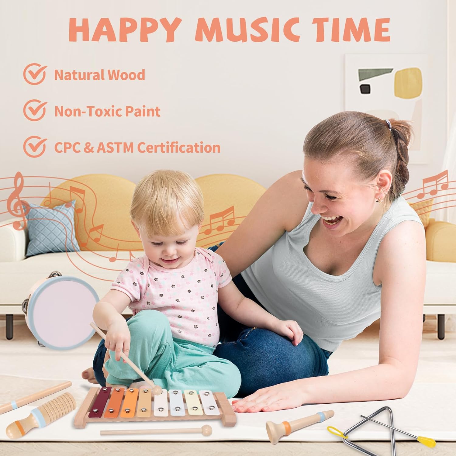 Baby Musical Instruments Set - Montessori Wooden 18 Month Old Baby Musical Toys, Toddler Percussion Instruments Xylophone Maracas Tambourine for Toddlers 1-3, 1 2 3 Year Old Girls Boys Birthday Gifts - Image 4