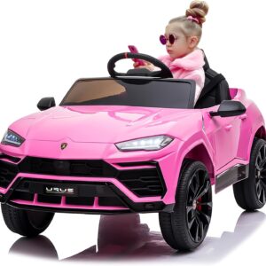 Electric Car for Kids 12V Licensed Lamborghini Ride On Car with Remote Control,Max Speed 2.5Mph,LED Lights,Music Players,Lockable Doors,Spring Suspension,Toddler Cars to Drive,Pink