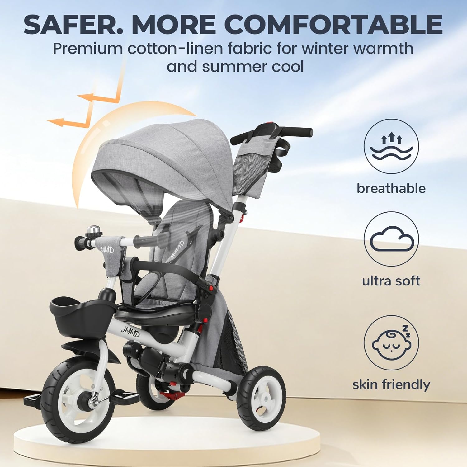 JMMD 8 in 1 Tricycle Stroller with Push Handle, Foldable Trike with 360° Swivel Seat, Reclining Backrest, All-Terrain Wheels, Dual Brakes, Canopy & Storage, Gift for Kids 18 Months to 5 Years, Gray - Image 5