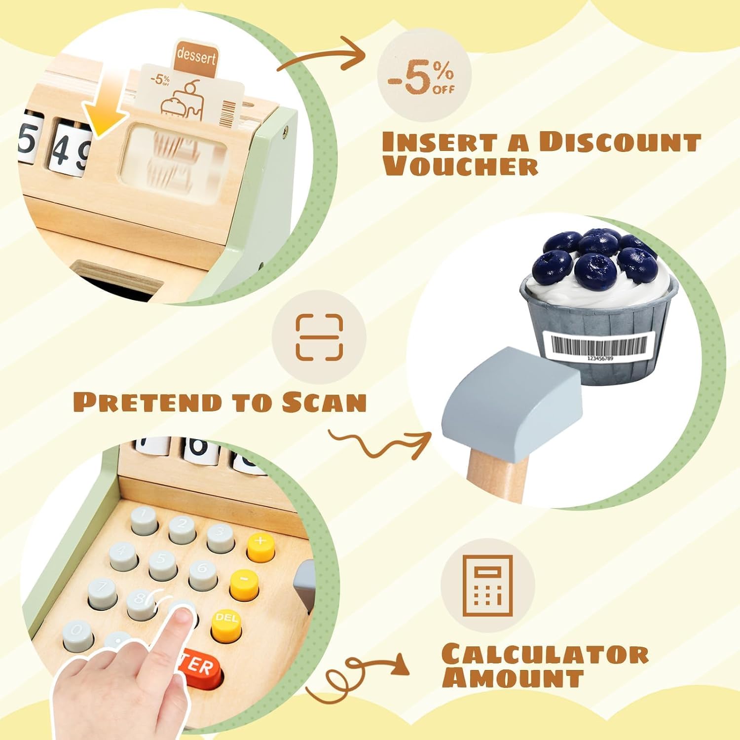 Wooden Toy Cash Register for Kids, Pretend Play Shop with Money Scanner and Credit Card, Montessori Toddler Grocery Cashier Role Play Educational Toy Preschool Learning Gift for Boys Girls Ages 3+ - Image 3